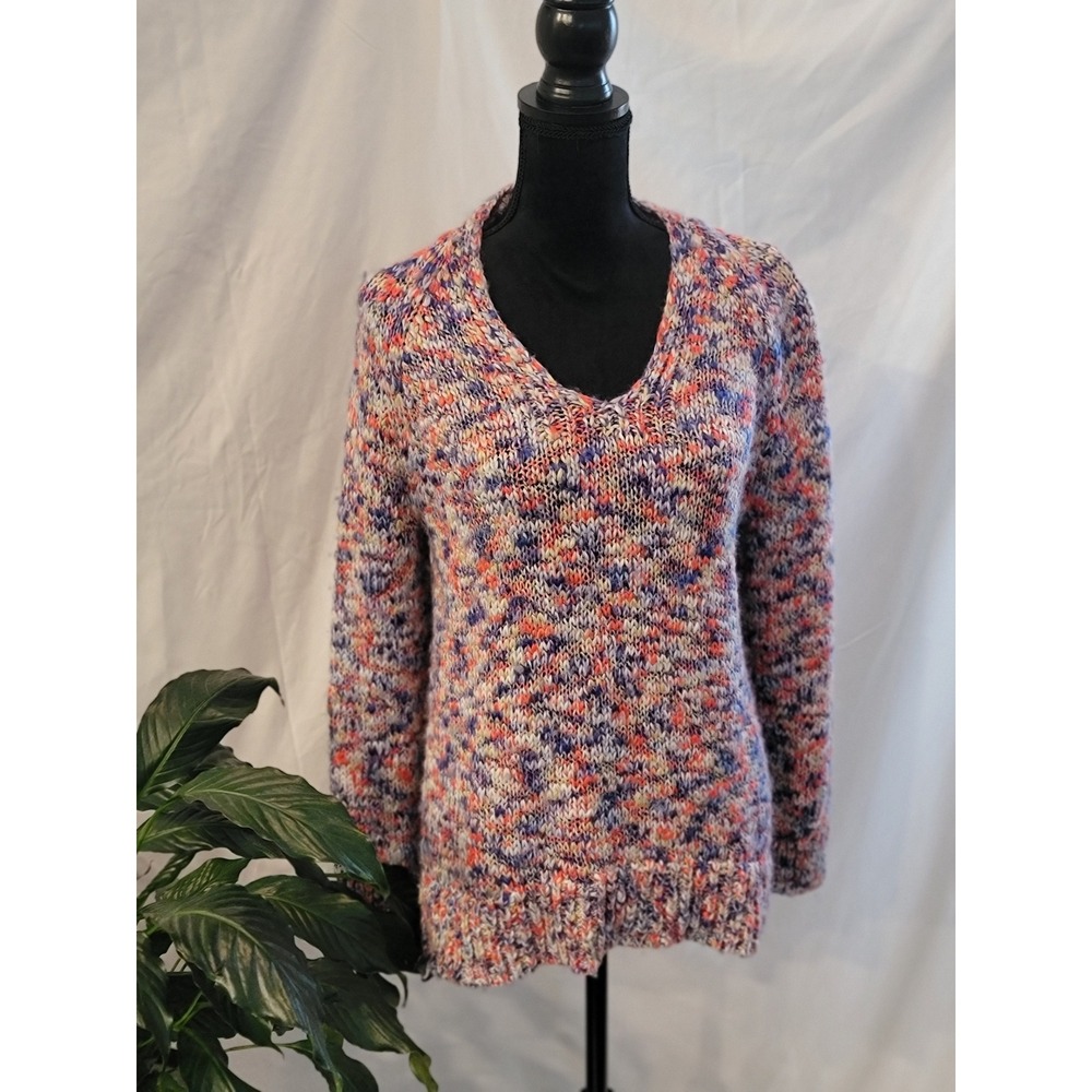 Lou & Grey for LOFT Womens Large Space‎ Dye V-Neck Knit Sweater Orange Blue Wool
